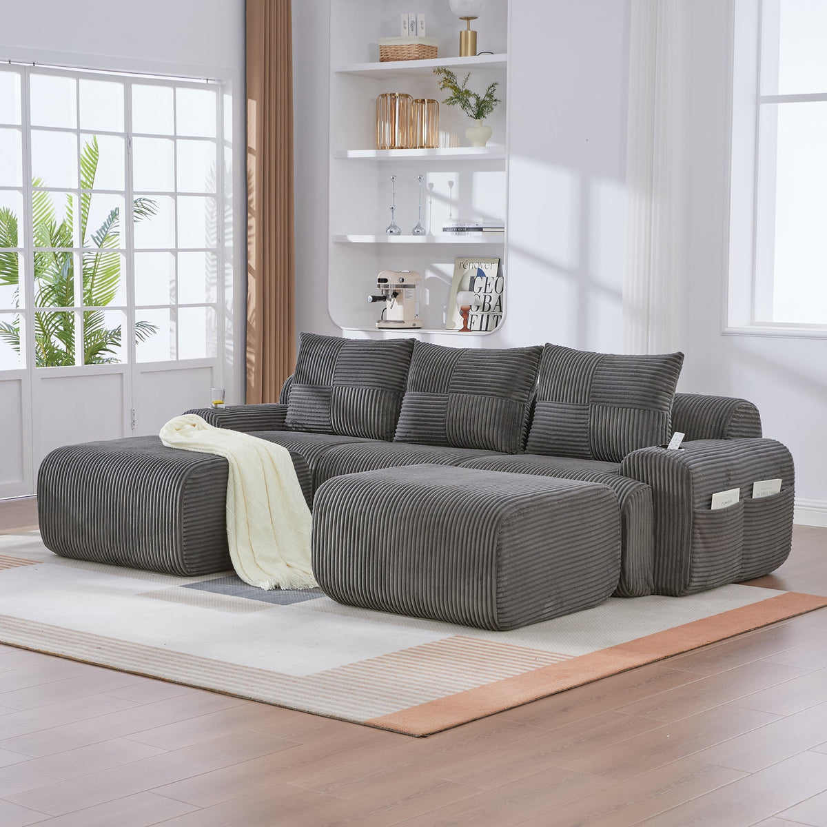 Modular Corduroy Sofa - 3-Seater with 2 Ottomans, Cup Holders, Storage Pocket - Dark Grey