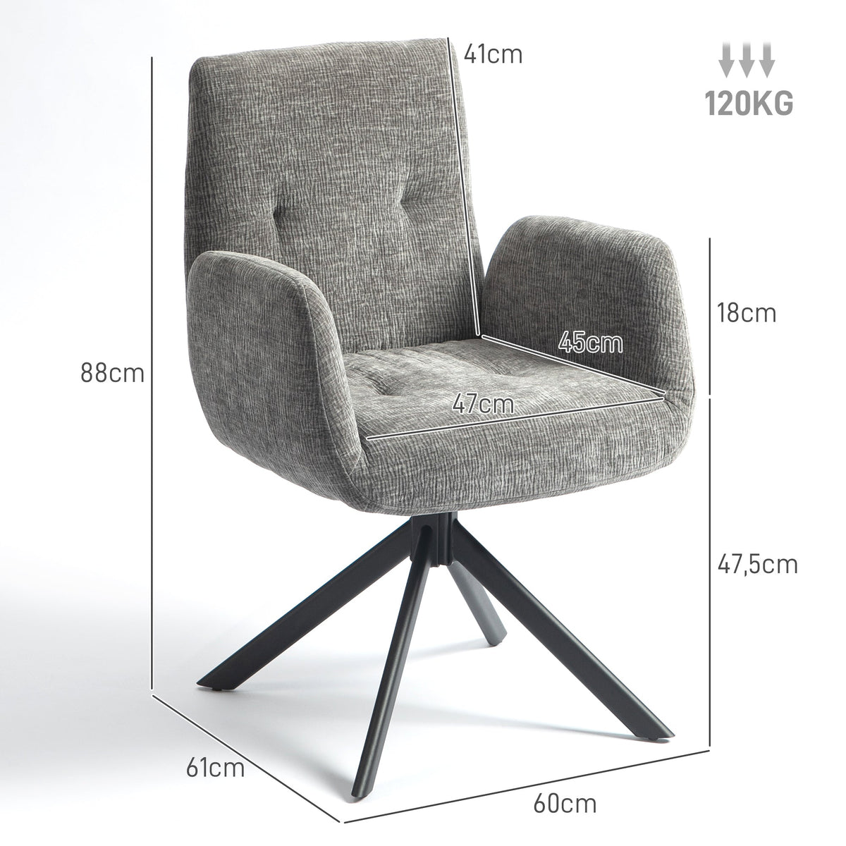 Swivel Lounge Chair, Upholstered with Button Stitching, Dark Grey Wool-Linen