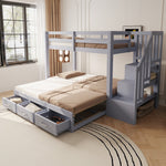 Bunk Bed with Pull-out Bed, Storage Ladder and Drawers, 90x200cm, Grey Wood