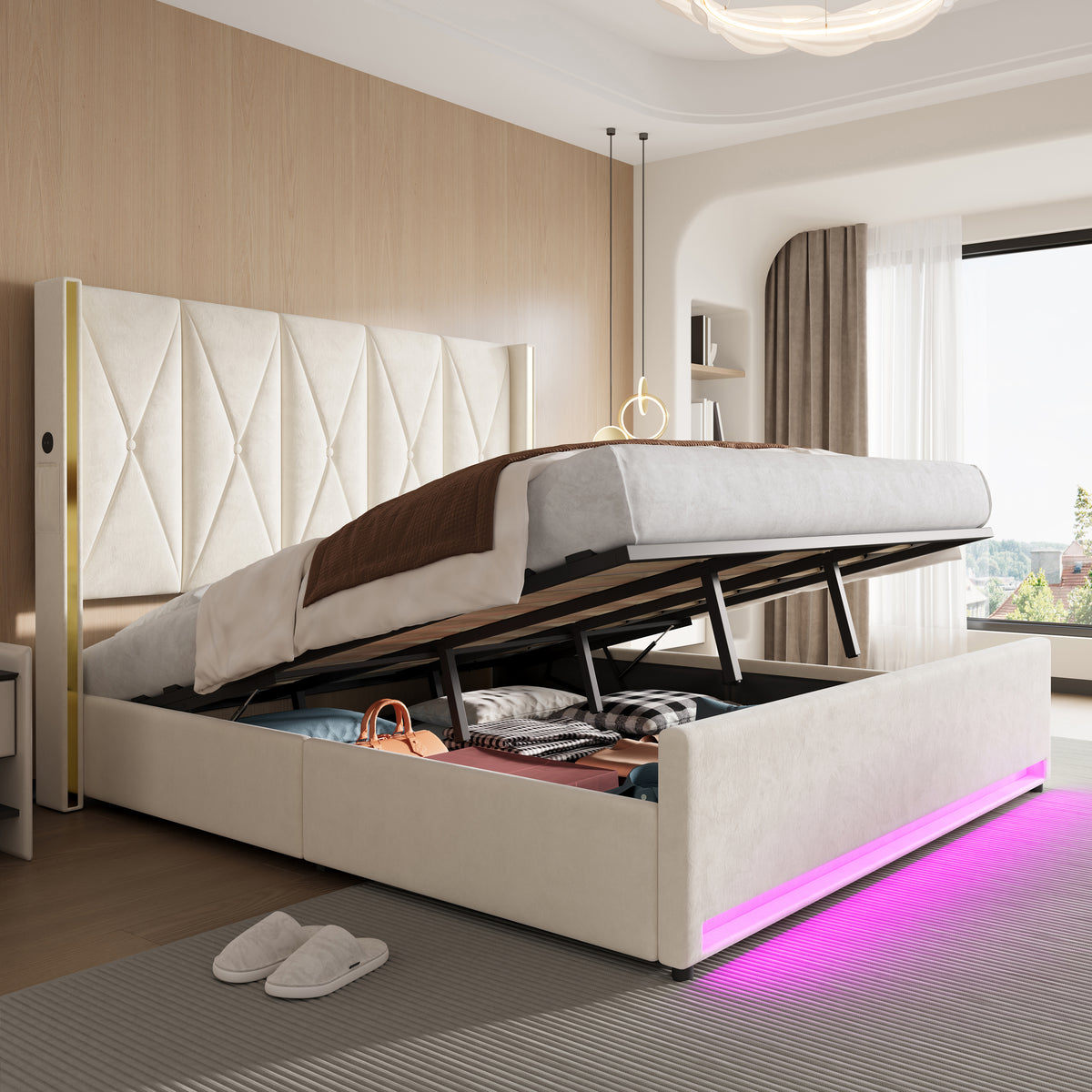 Storage Bed with LED, USB & Hydraulic Storage, 180x200cm, Velour