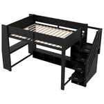 Loft Bed with Desk, Storage Stairs and LED Lighting, 140x200cm, Black Wood