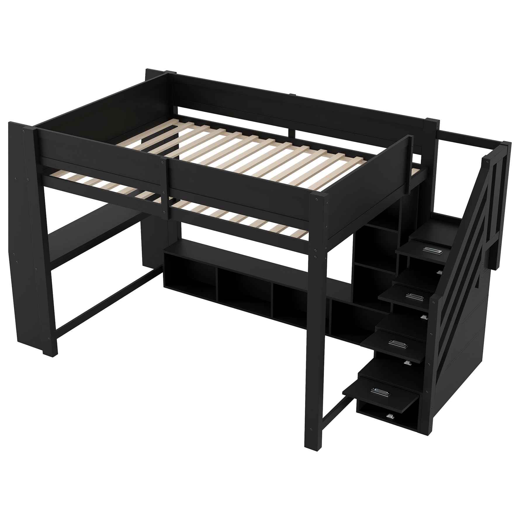 Loft Bed with Desk, Storage Stairs and LED Lighting, 140x200cm, Black Wood
