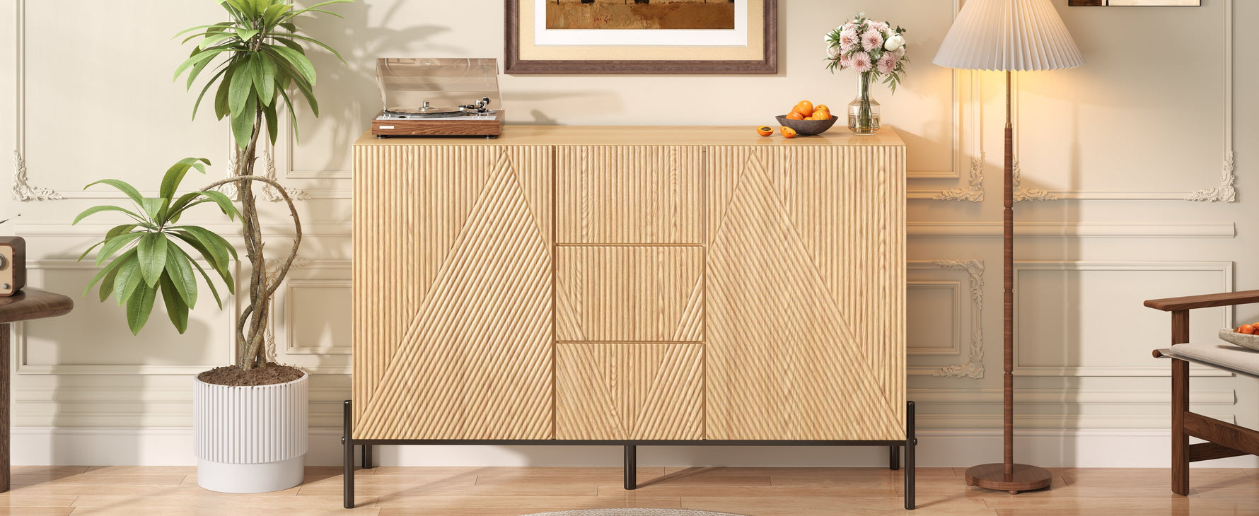 Modern Sideboard with Geometric Structure, Double Doors and Middle Drawer, Living/Dining Room Storage Cabinet
