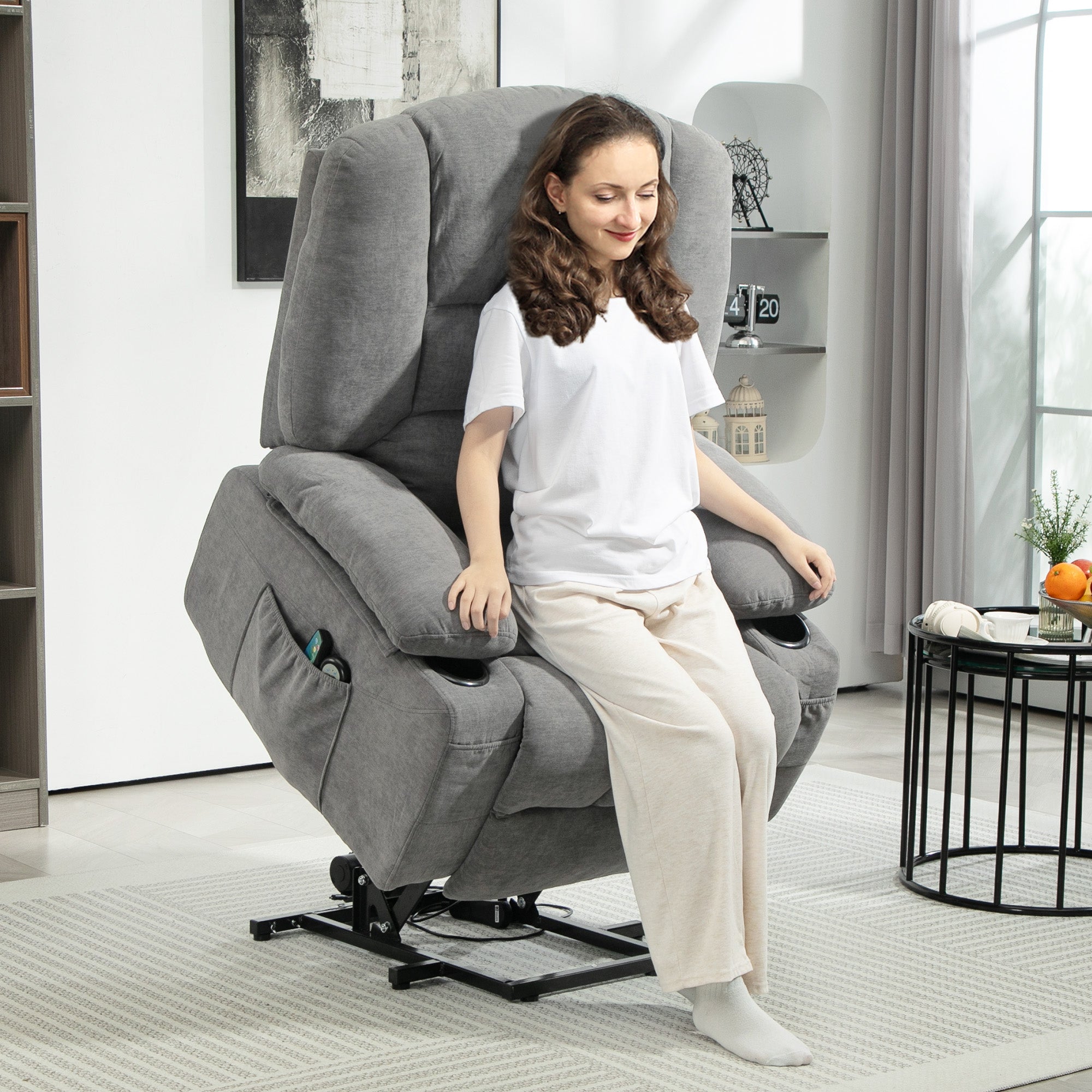 Electric Recliner Lift Massage Heating Side Pocket, Dark Grey