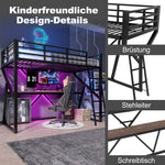 Loft Bed 90x200cm with Desk & LED Strip, Black Iron Frame