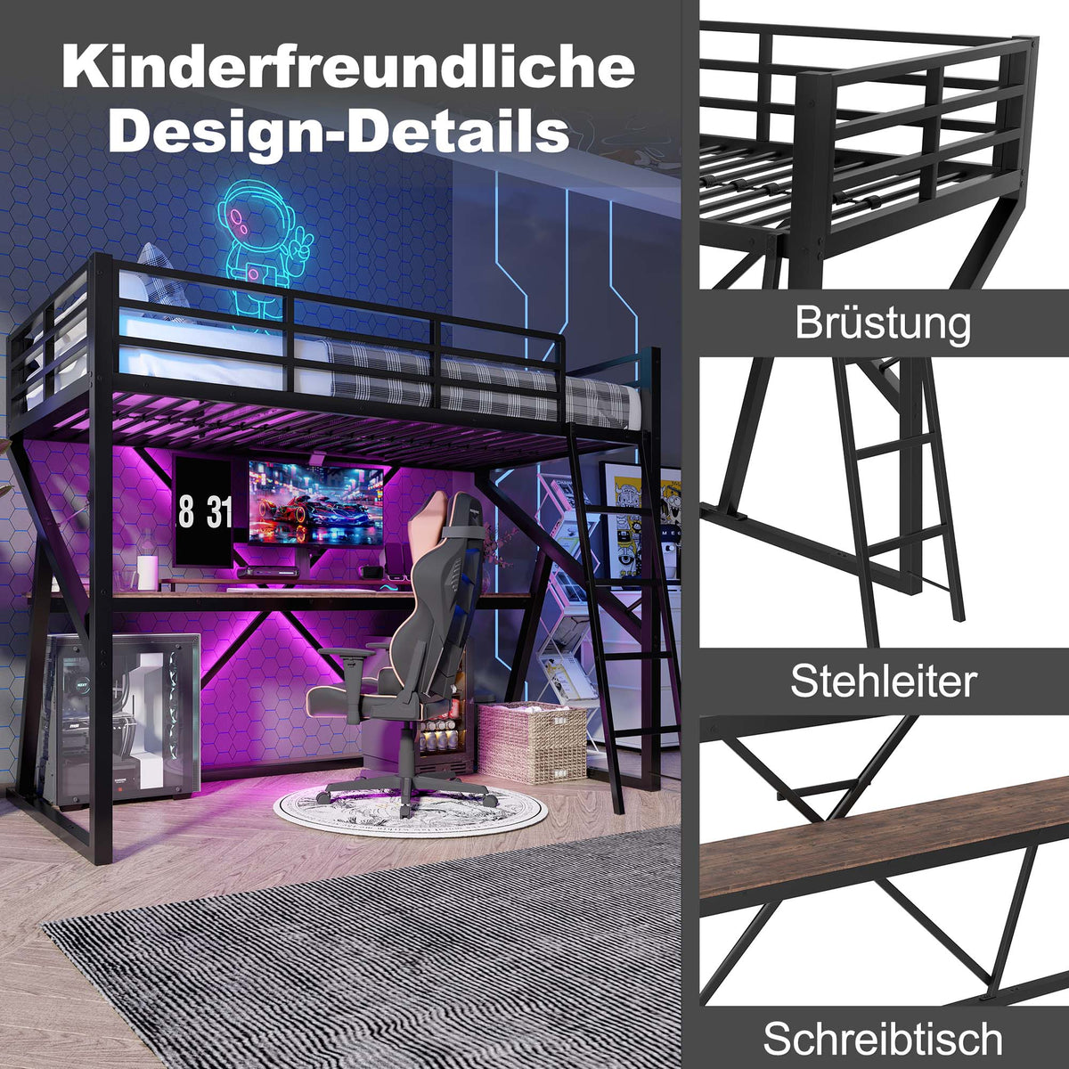 Loft Bed 90x200cm with Desk & LED Strip, Black Iron Frame