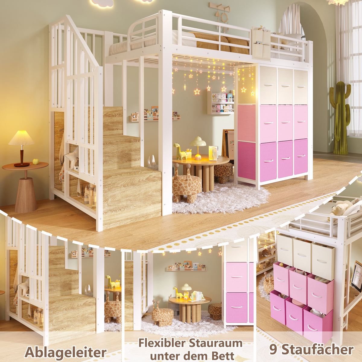 Loft Bed 90x200cm with Stairs Drawers & Clothes Rail, White Metal