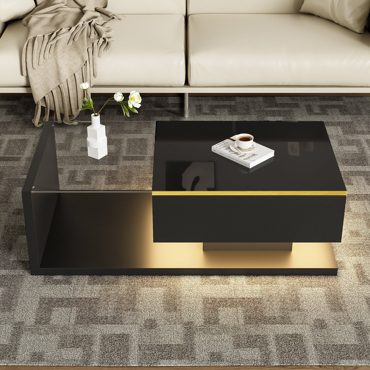 Coffee Table 100cm Long Glass LED Effect High-Gloss Black