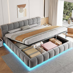 Upholstered Double Bed with Light Strip and Hydraulic Storage, 180x200cm, Grey Velvet