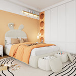 Upholstered Single Bed, Bunny Ears LED Light Storage Stools, Velvet Beige, 90x200cm