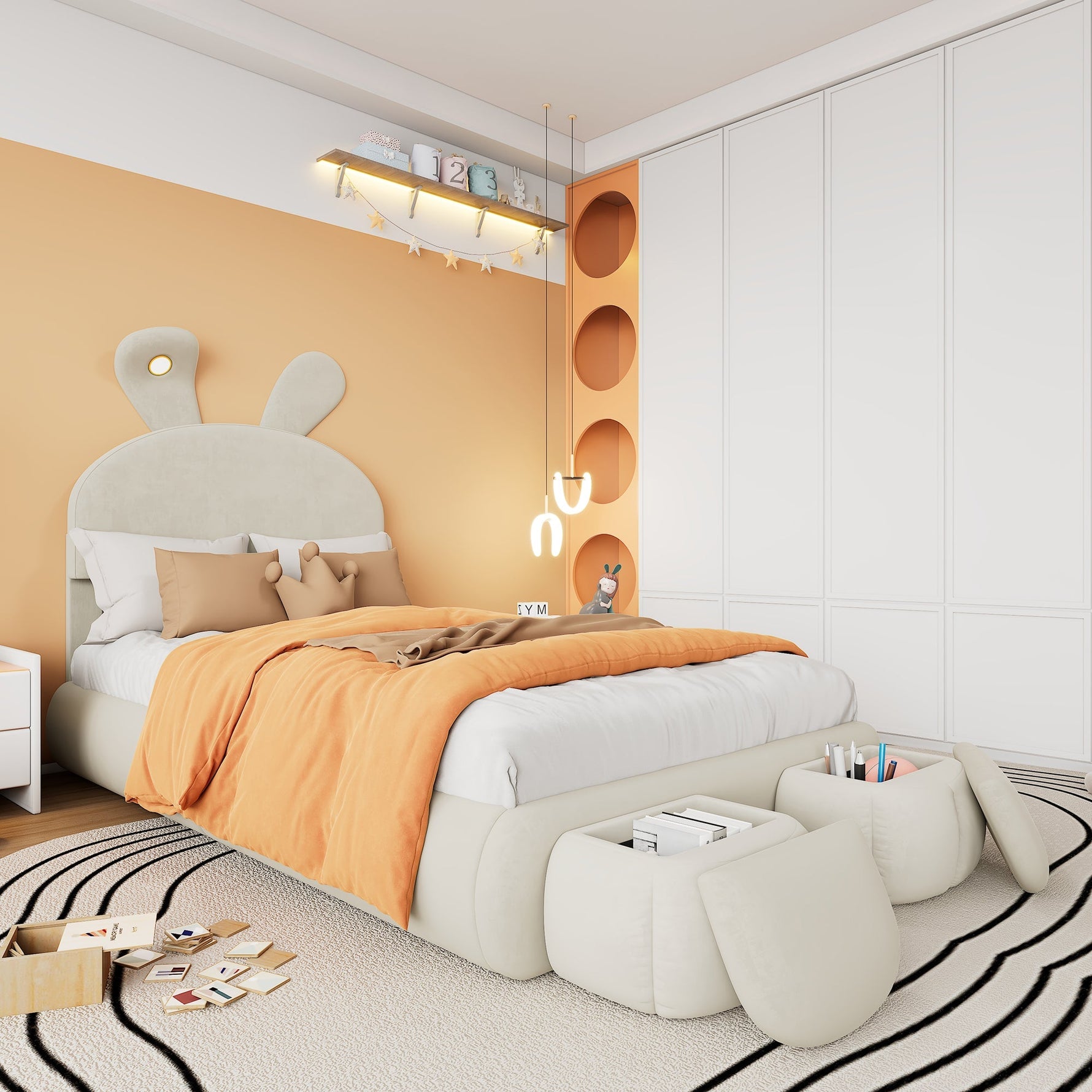 Upholstered Single Bed, Bunny Ears LED Light Storage Stools, Velvet Beige, 90x200cm
