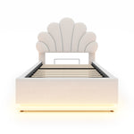Upholstered Bed 90x200cm, Flower Headboard & Storage, Beige Velvet