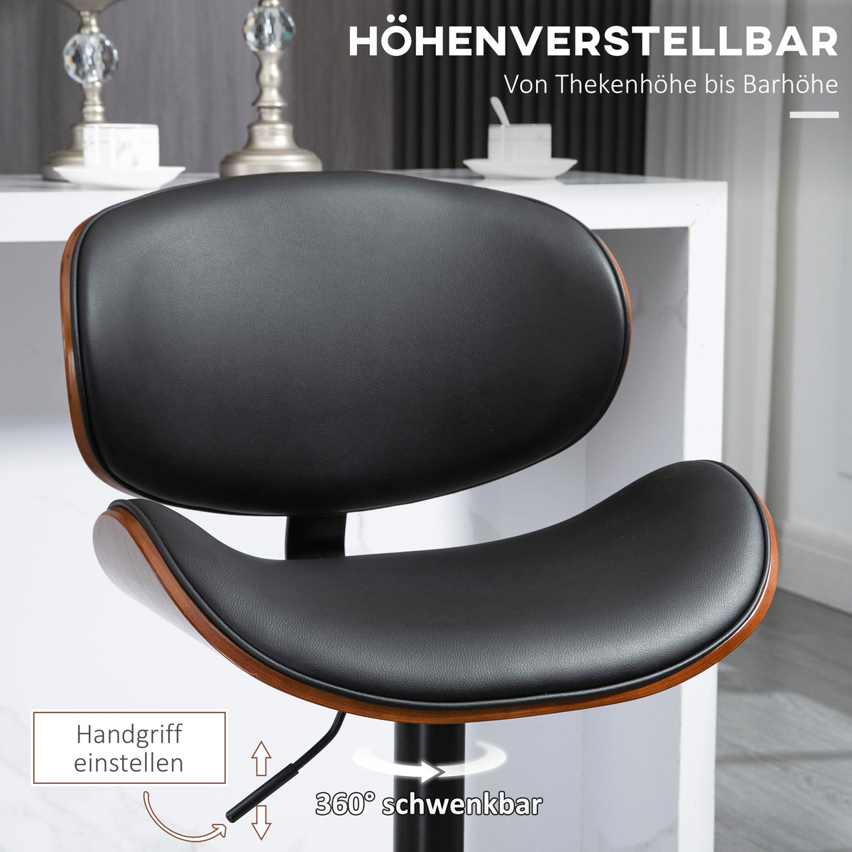 Bar Stools, Set of 2 Height-Adjustable Swivel with Footrests, Faux Leather Black