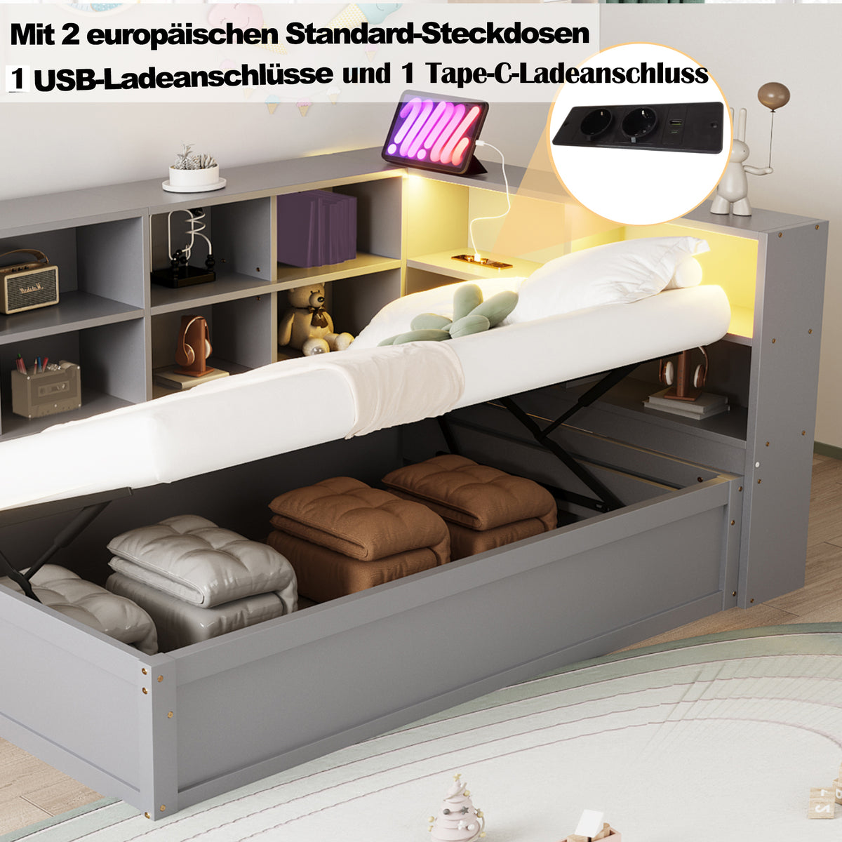 Multifunctional Sofa Bed 90x200 with Storage & Light Strip, Grey