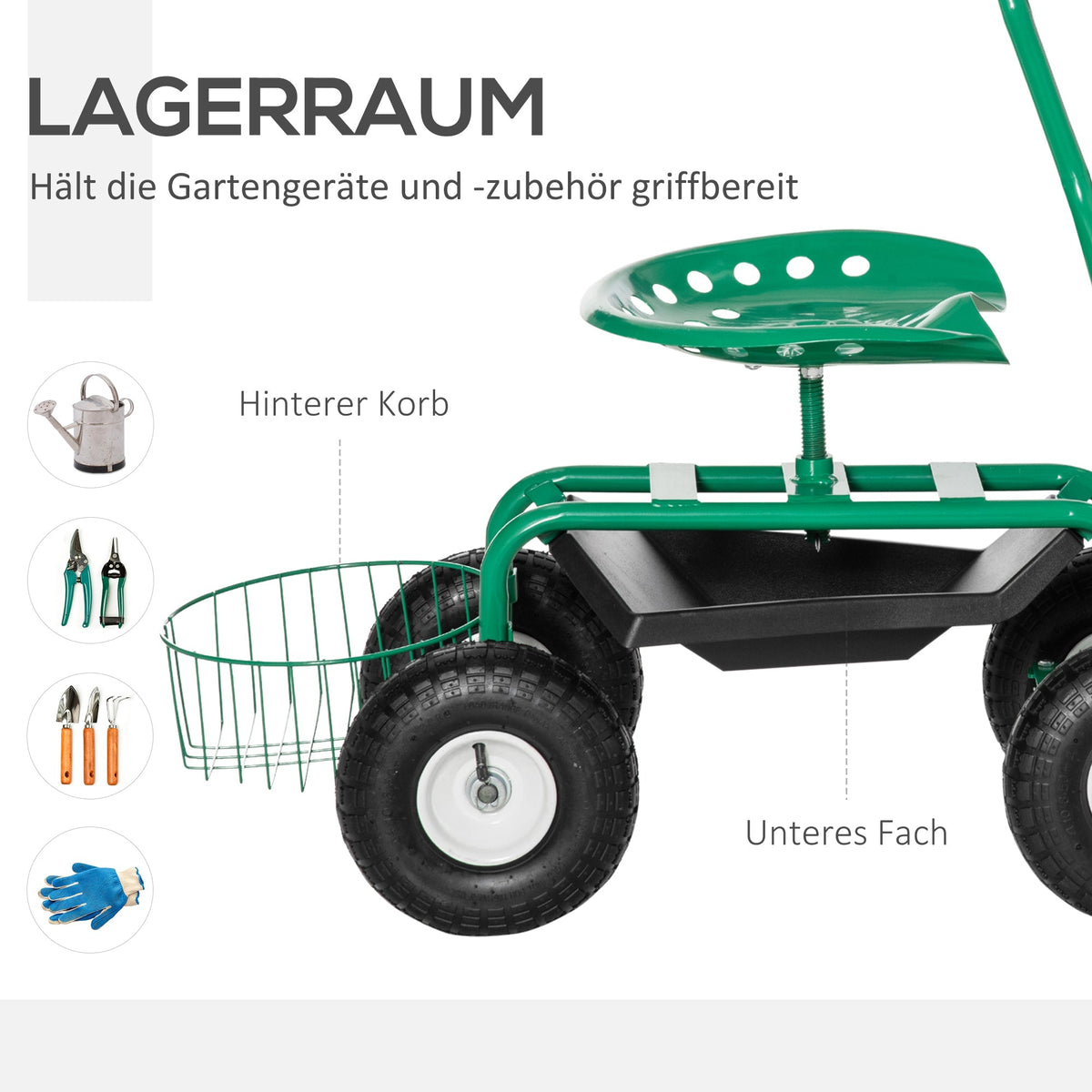 Garden/Workshop Trolley Seat Swivel Adjustable Height Storage Basket 150kg Capacity, Green