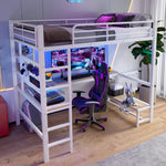 Loft Bed with Desk, USB Sockets, LED Strip and Pegboard, White Metal Frame