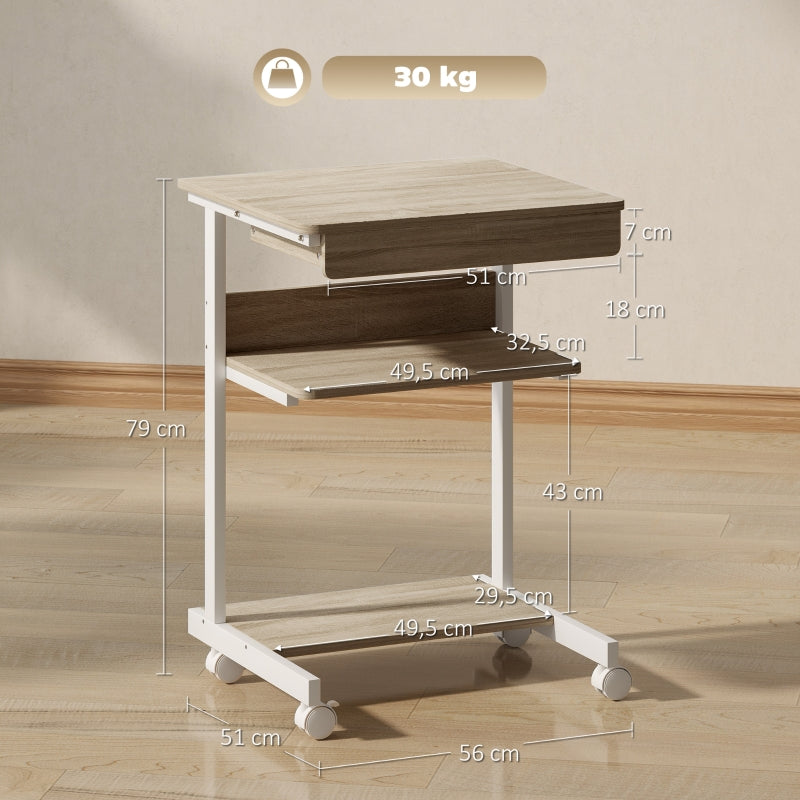 Rolling Desk with Drawer, Shelves, 4 Wheels, Chipboard & Metal