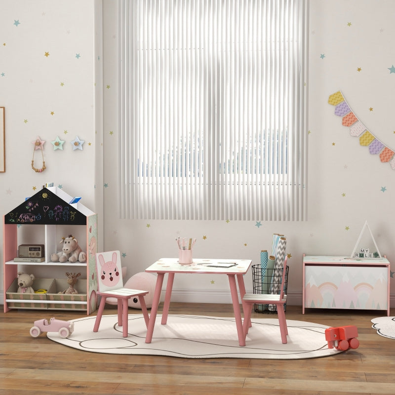 Children's Seating Set, Table with 2 Chairs, Animal Motif, Pine Wood, Pink