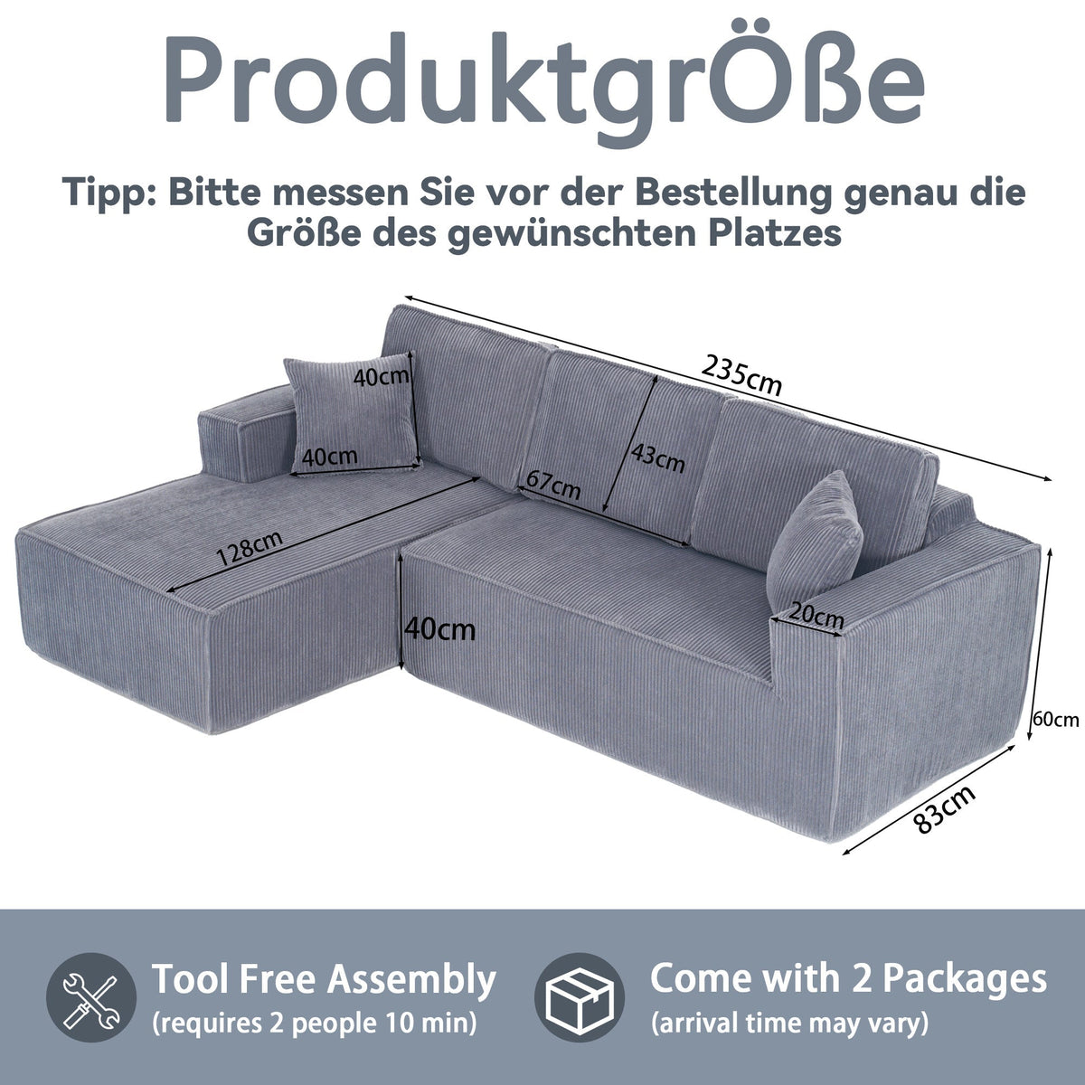 L-Shaped Modular Corner Sofa with Chaise Longue and High-Density Foam, Grey Corduroy