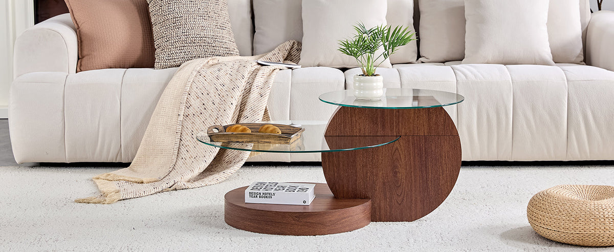 Modern Minimalist Coffee Table with Double-Layered Safety Glass and Multi-Tiered Design, Walnut Wood Grain Finish
