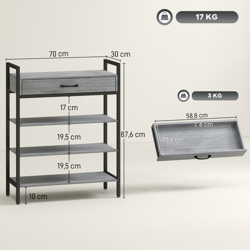 Shoe Rack 4-Tier, 9 Pairs, Chipboard Metal, Grey