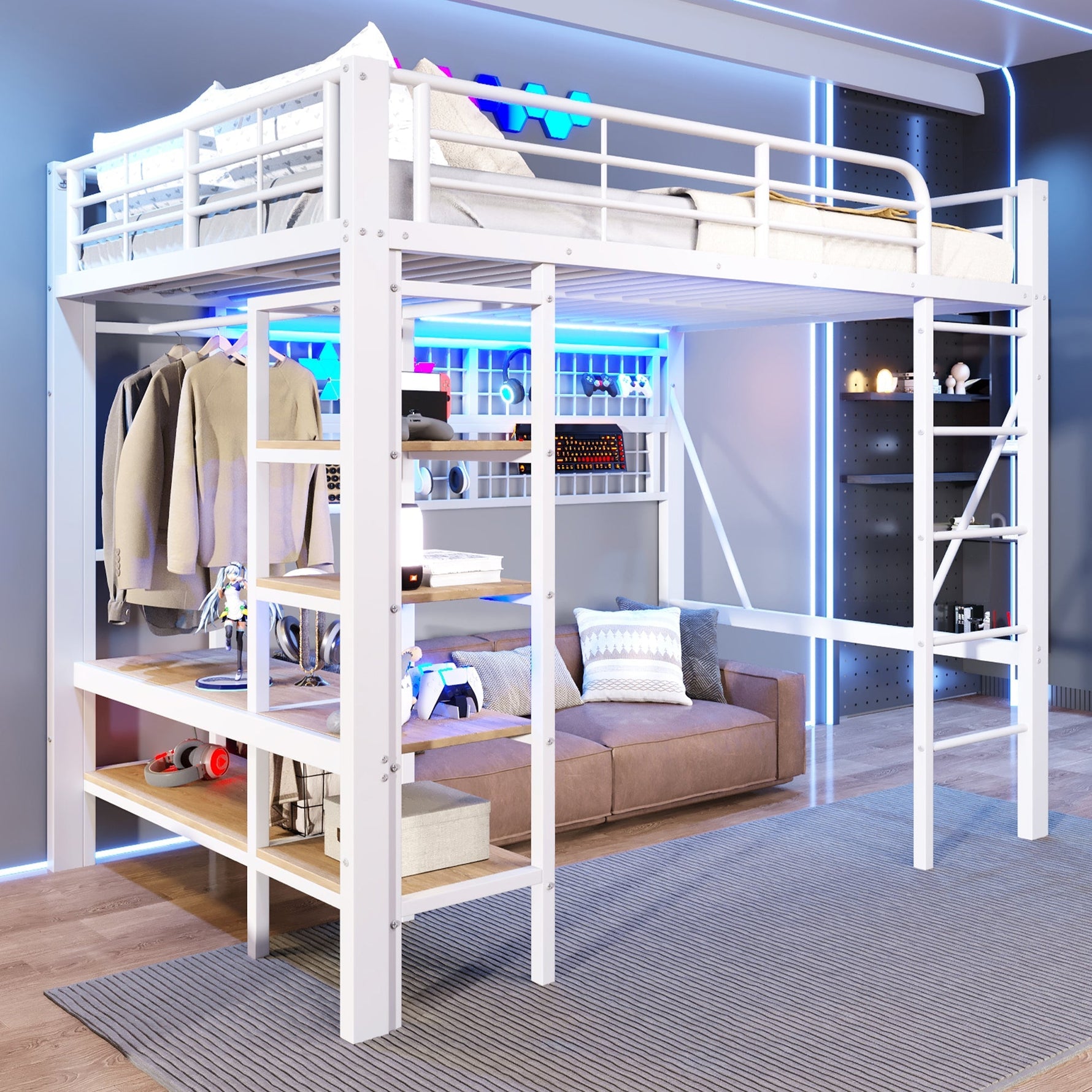Loft Bed with Storage, LED Light and Clothes Rail, 140 x 200 cm, White Iron Frame
