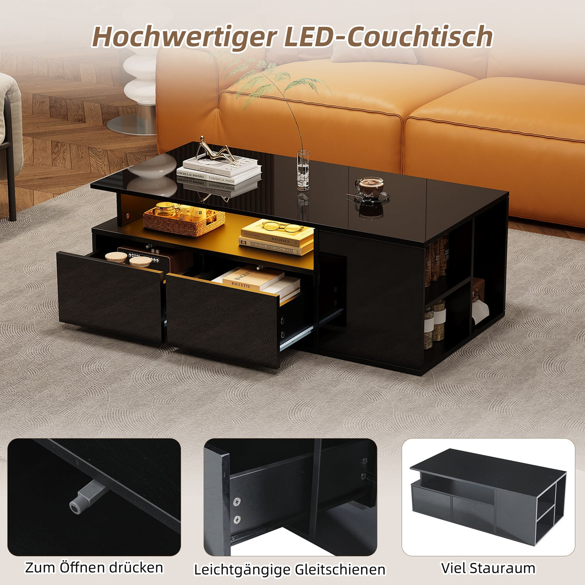 Coffee Table 100x50x35cm LED Lighting 2 Drawers 60kg Black