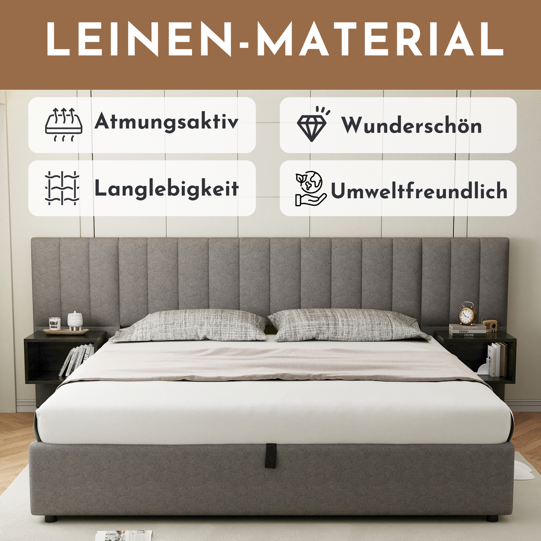 Upholstered Bed 160 x 200 cm with Hydraulic Storage and 2 Bedside Tables, Grey and Black Linen