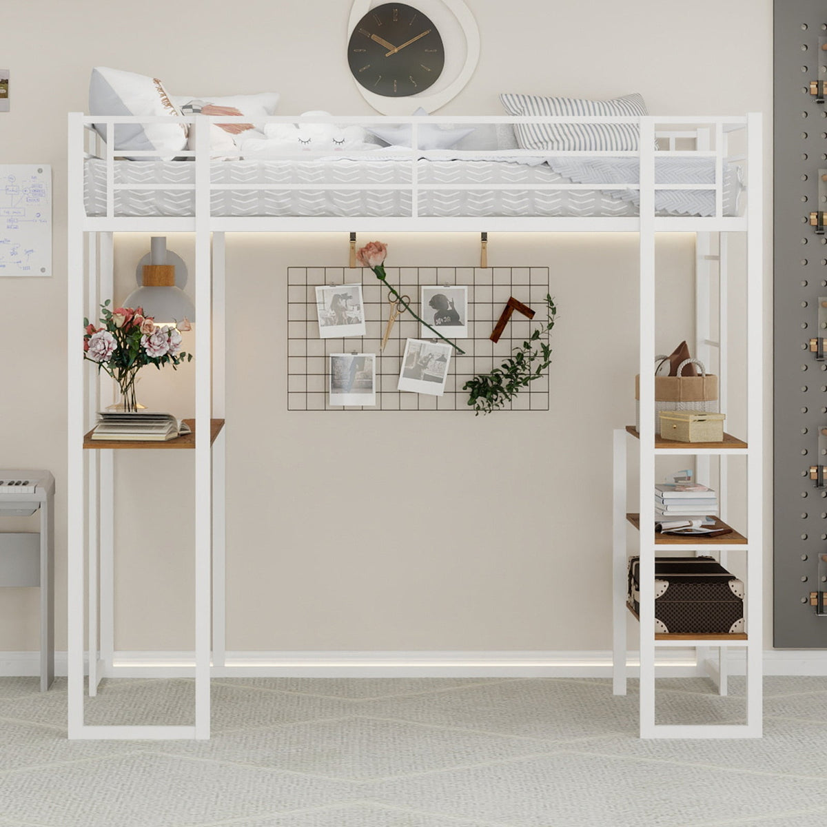 Iron Frame Bed, L-Shaped Desk, Railing, Stairs, Metal