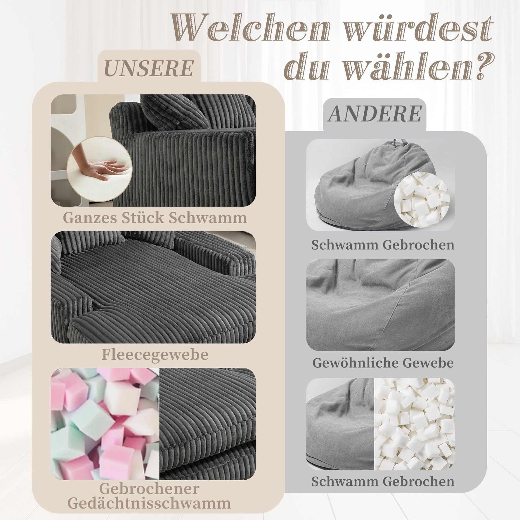 Sofa Bed, Cloud Couch with 3 Soft Pillows, Single Seat, Dark Grey Corduroy