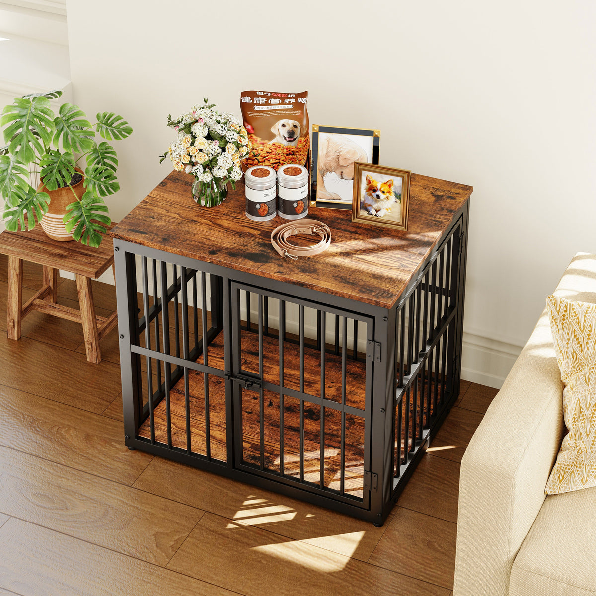 Modular Dog Crate Furniture 3 Doors Waterproof Top 2-in-1 Side Table Stackable - Retro Brown