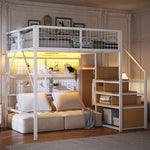 Loft Bed, 140x200 with LED Light Strips & Storage Stairs, Metal White
