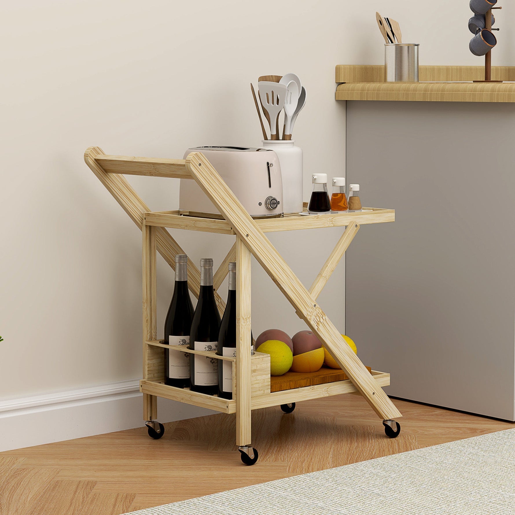 Kitchen Cart with Wine Rack, 2-Level Rolling, Bamboo Natural