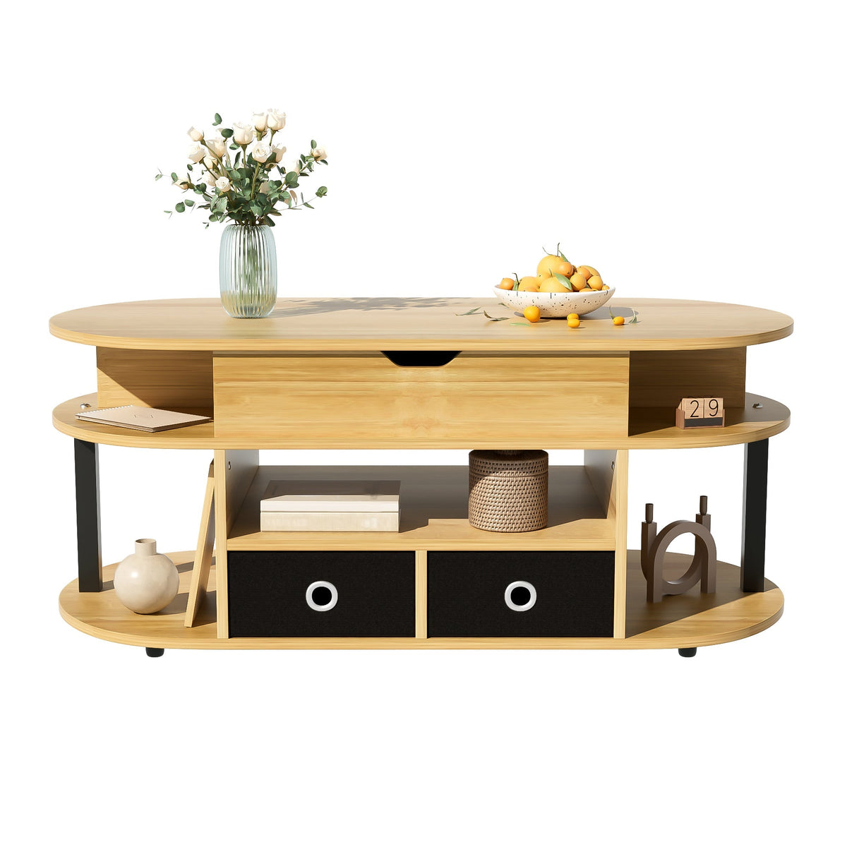 Modern Wood Grain Coffee Table with Lifting Function, Storage, and Black Fabric Drawers