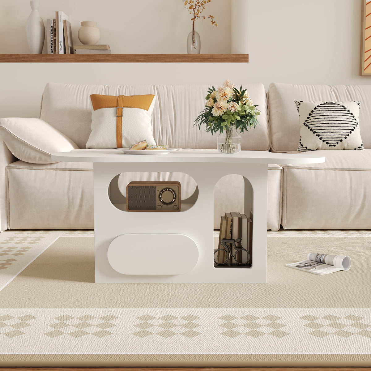 Coffee Table with Drawers, Cloud-Shaped with Open Storage, High-Quality Material