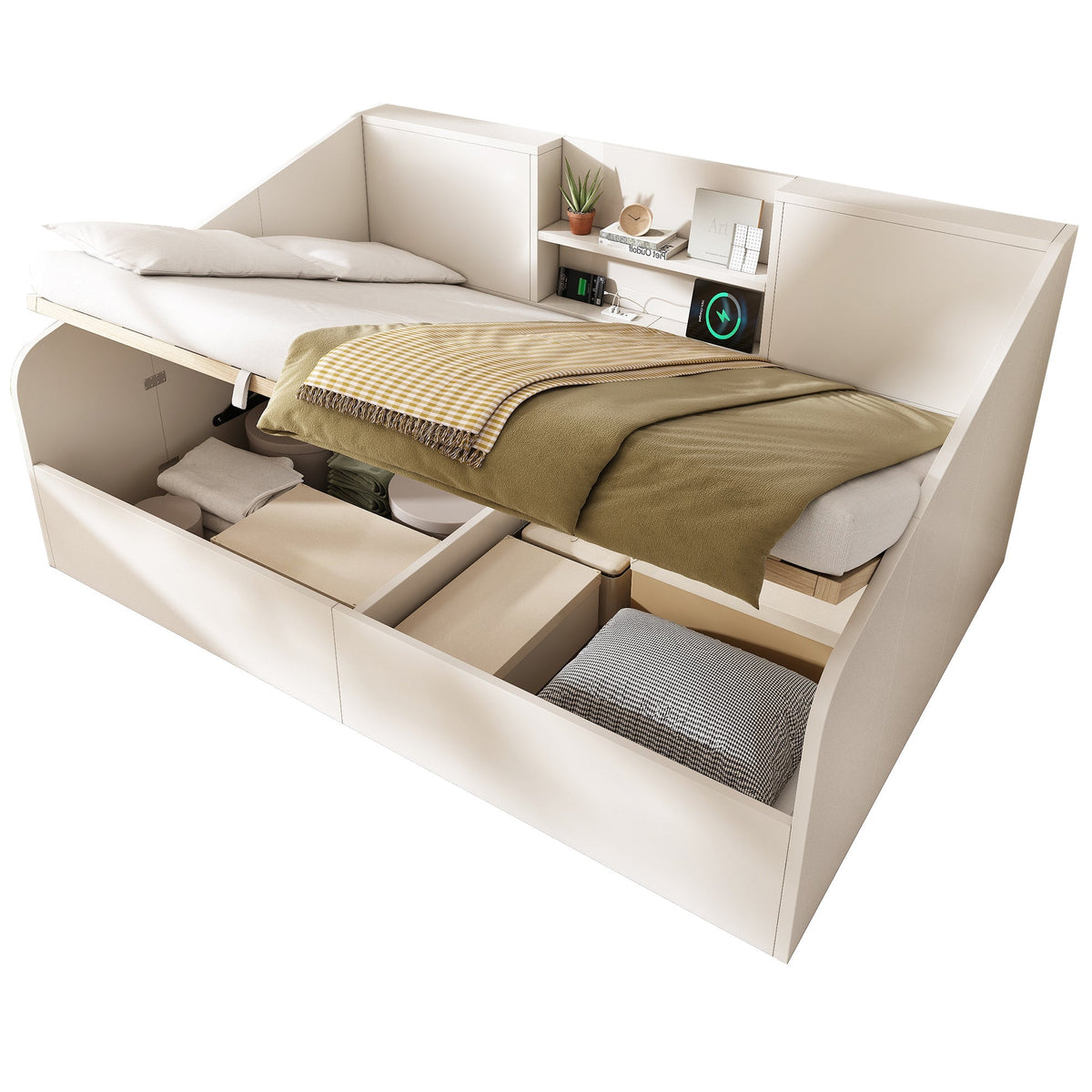 Hydraulic Daybed 140x190cm Double Bed Storage USB/Type-C Charging White Wood