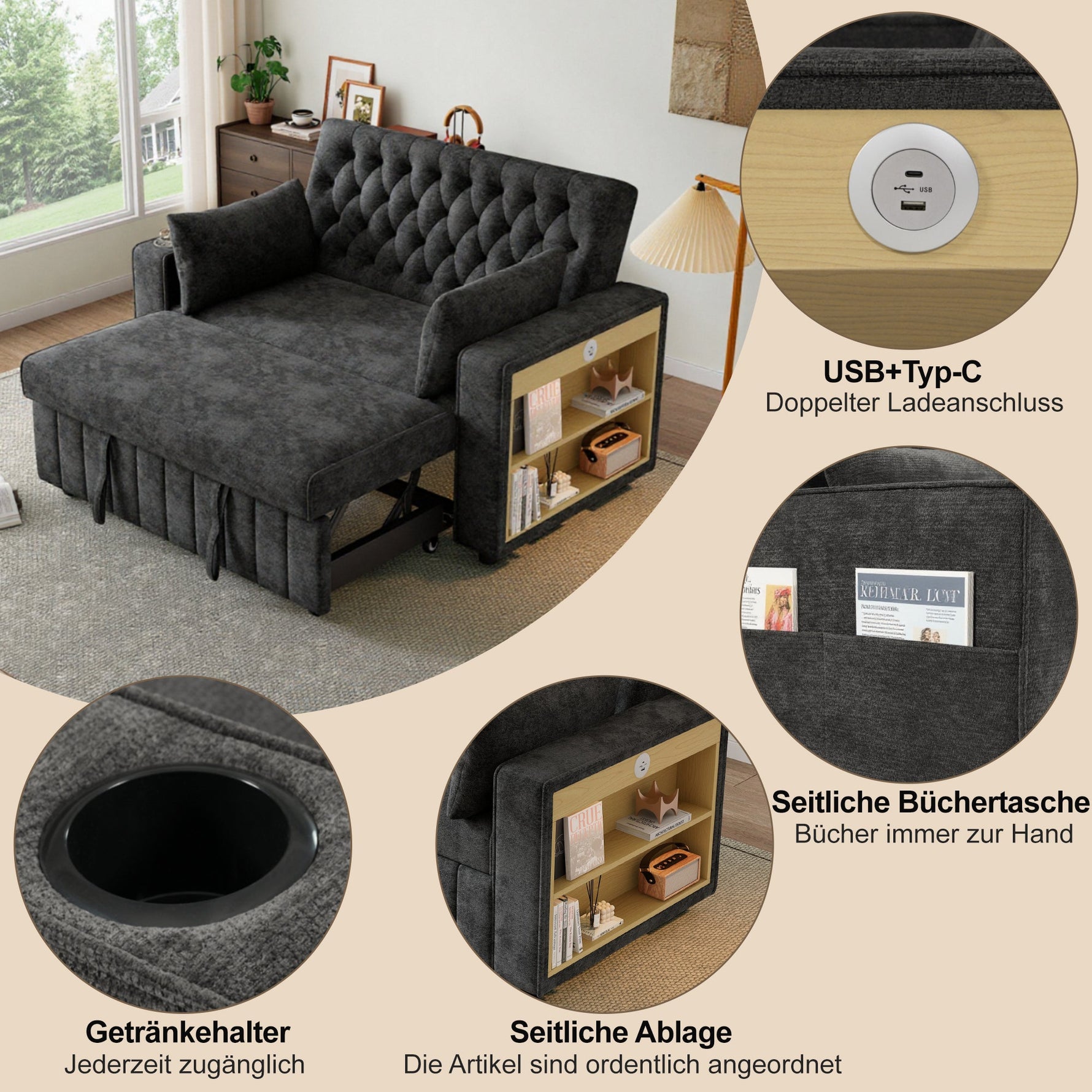 Sofa Bed, Folding with Storage, Cup Holder, USB, Gray