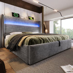 Hydraulic Double Bed 160x200 with LED, Storage & USB, Grey Linen