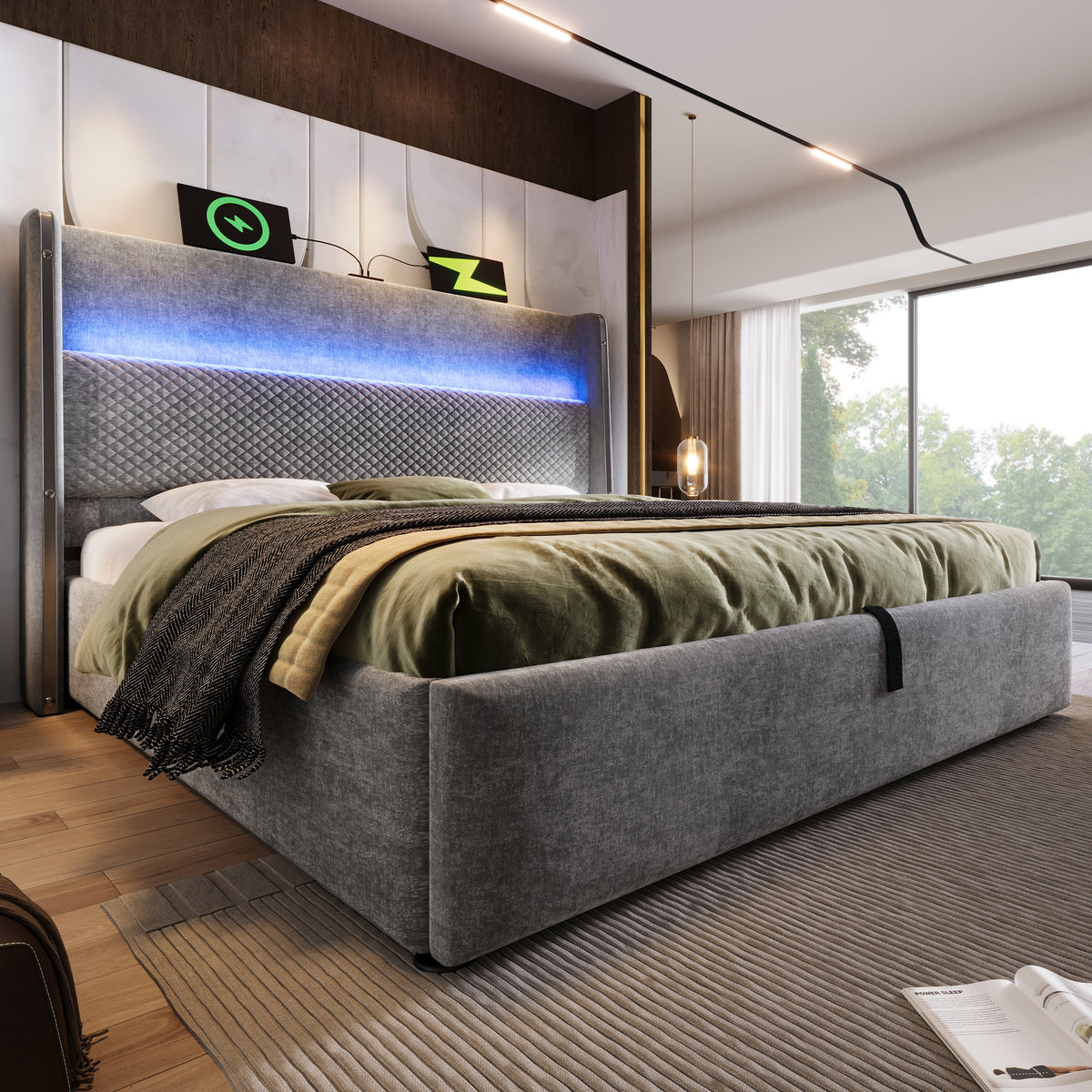 Hydraulic Double Bed 160x200 with LED, Storage & USB, Grey Linen
