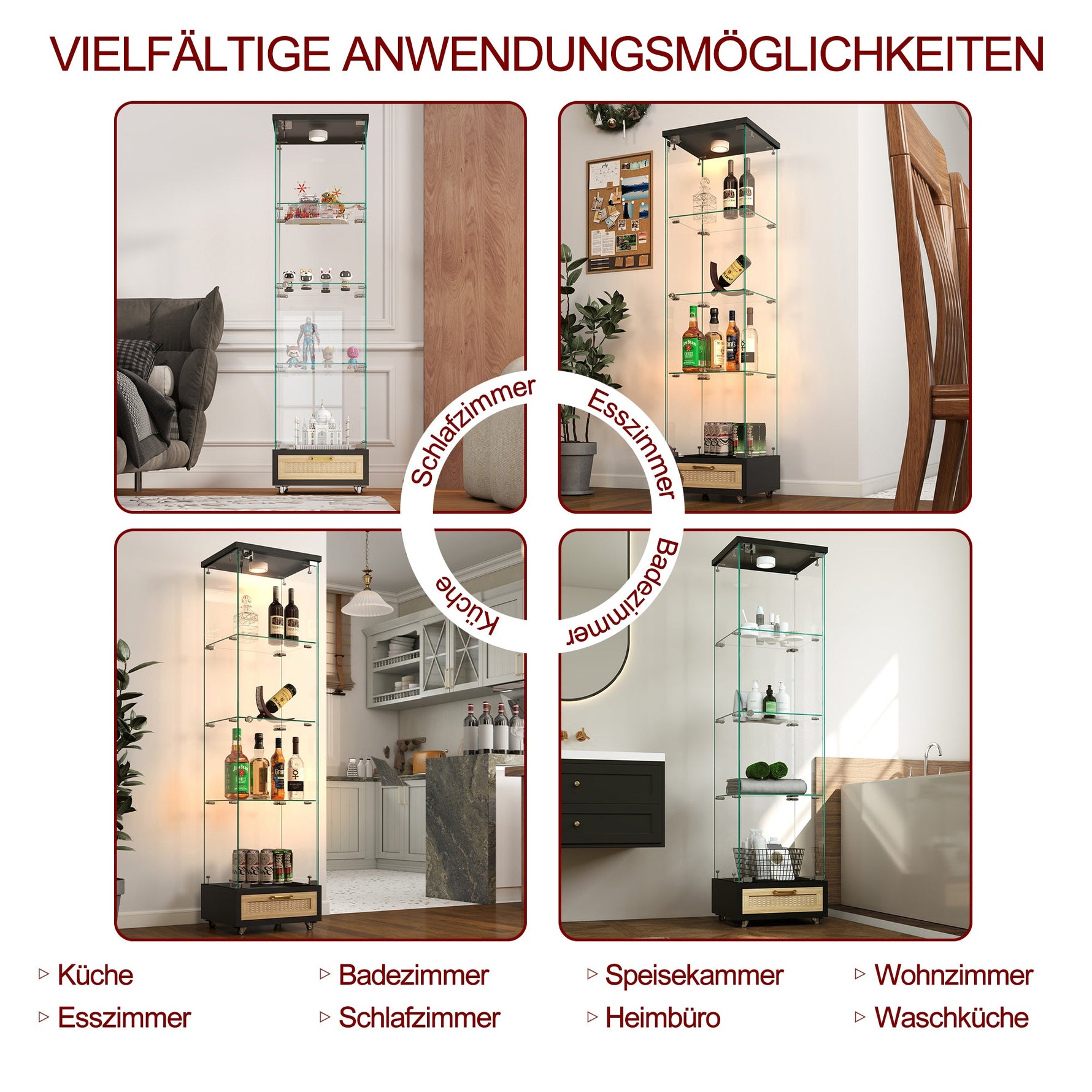 Glass Display Cabinet with LED Lighting, Drawers & Tempered Glass Shelves, H167cm Black