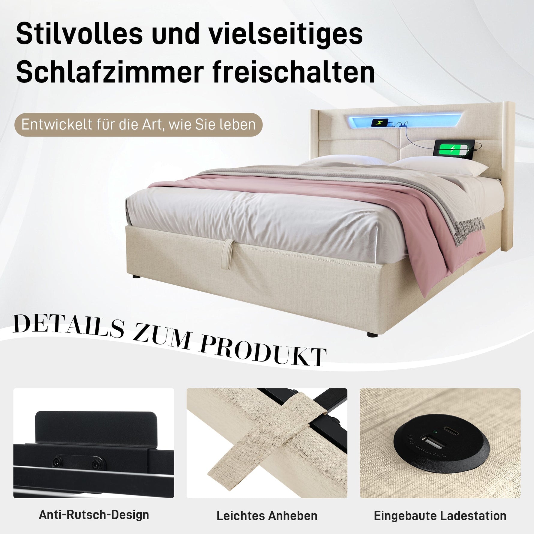 Upholstered Bed 140x200 Storage LED USB-C Slatted Base, Linen Material