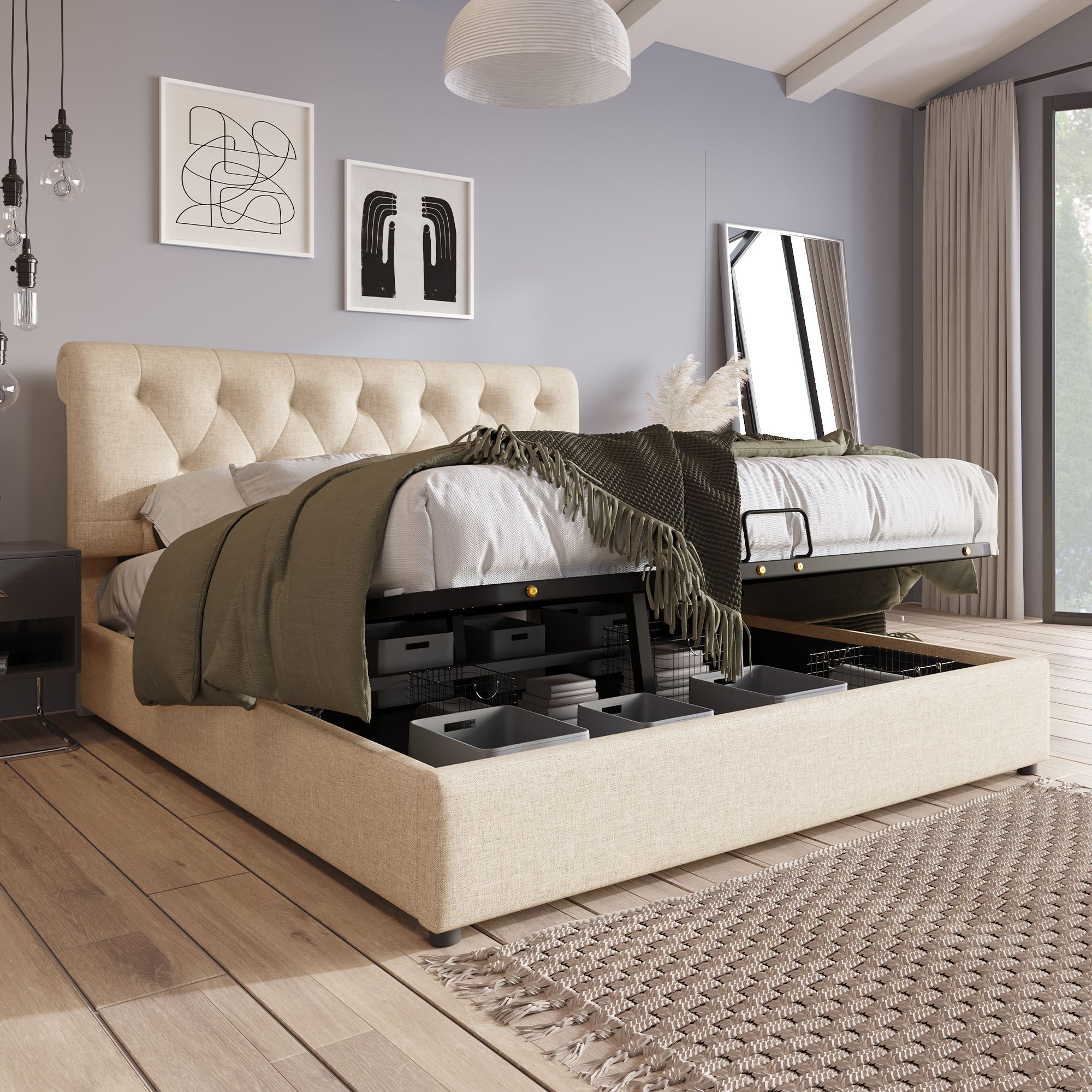 Hydraulic Double Bed, 160x200cm Upholstered with Storage, Natural