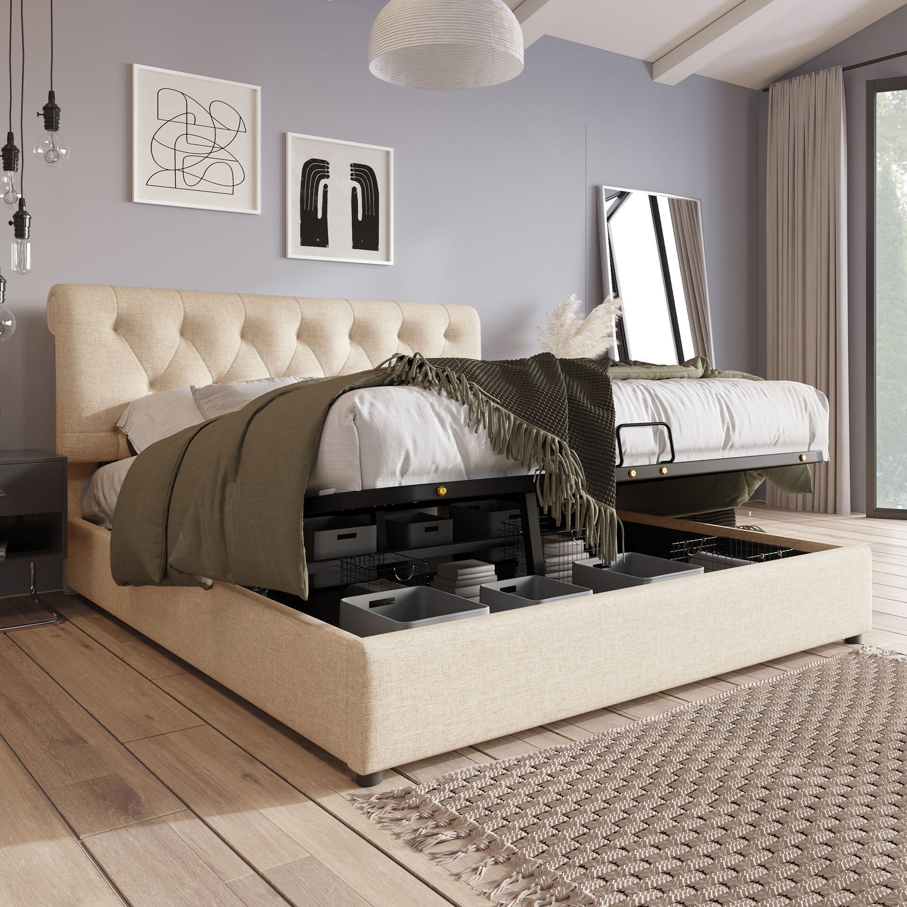 Hydraulic Upholstered Bed, 140x200cm Adjustable Headboard with Storage, Natural