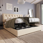 Hydraulic Double Bed, 160x200cm Adjustable Headboard with Storage, Natural Wood