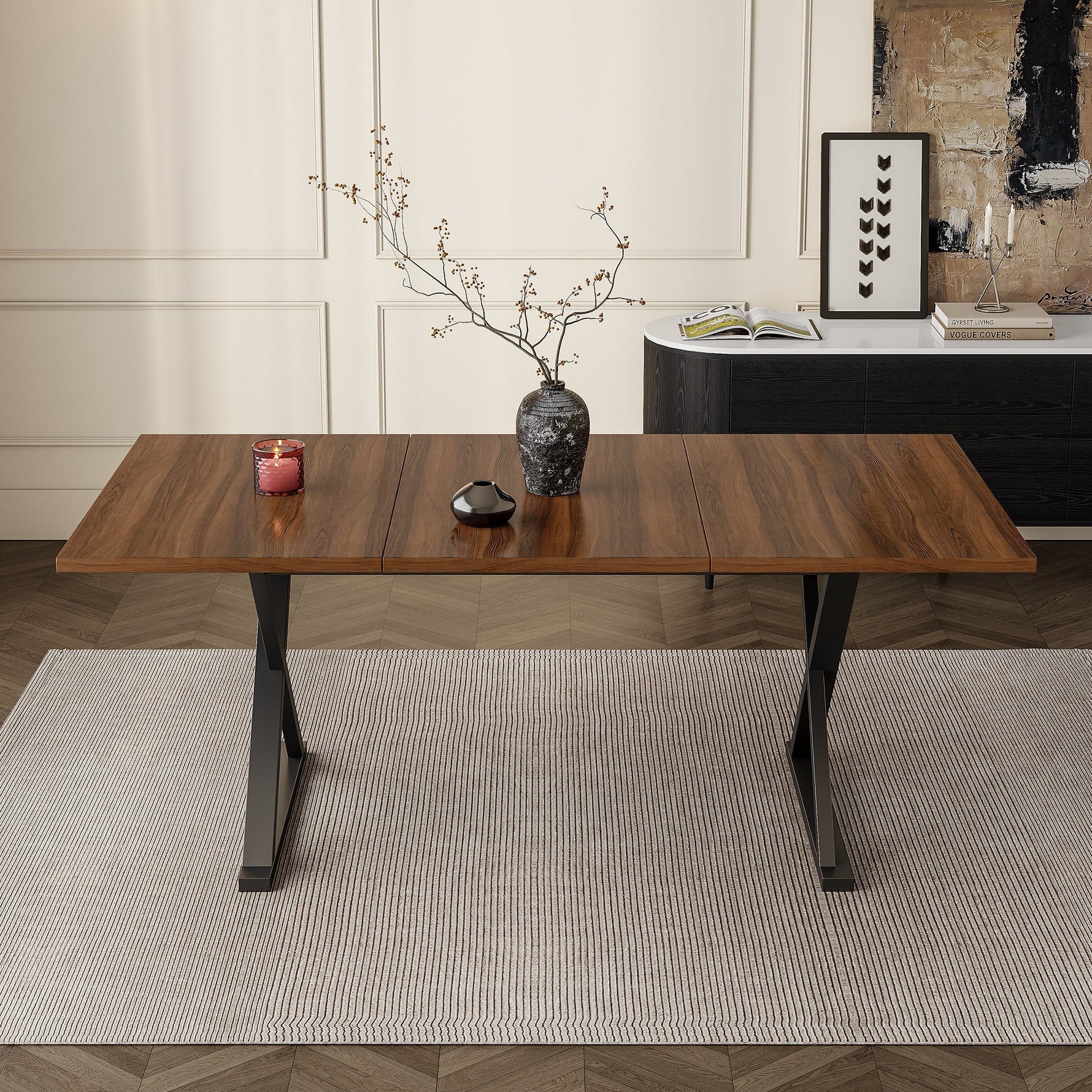 Dining Table, 180x90x75cm Seats 6-8 People Modern Style, Walnut and Black Metal