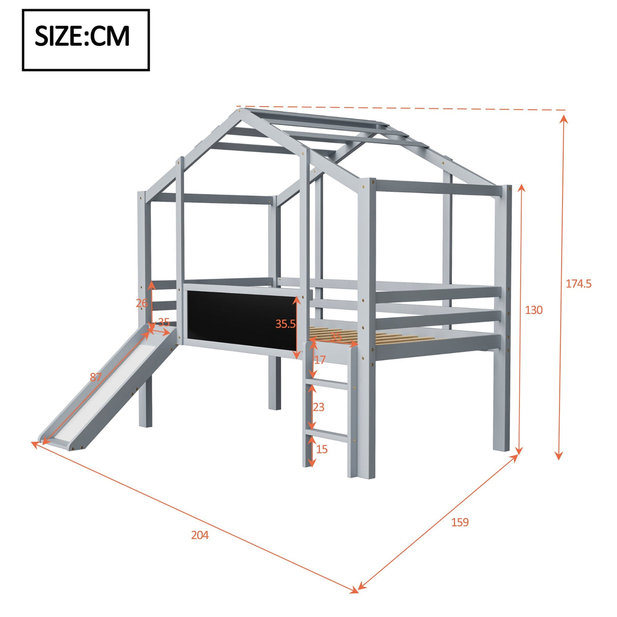Children's Loft Bed 90x200cm, Slide, Ladder & Graffiti Board, Solid Wood Grey