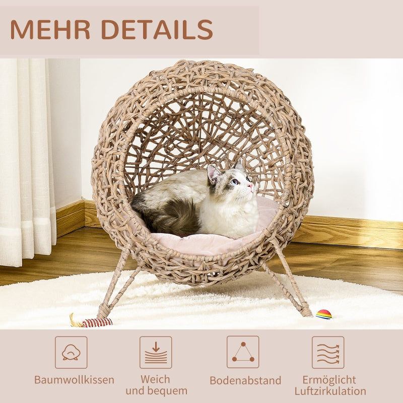 Rattan Cat House, Cushion Cat Cave, Raised Feet, Natural