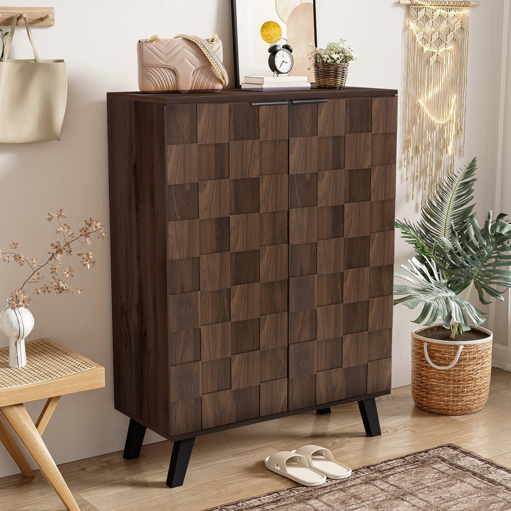 Shoe Cabinet 80x35.5x110cm 5 Compartments Adjustable Shelves - Dark Wood Grain