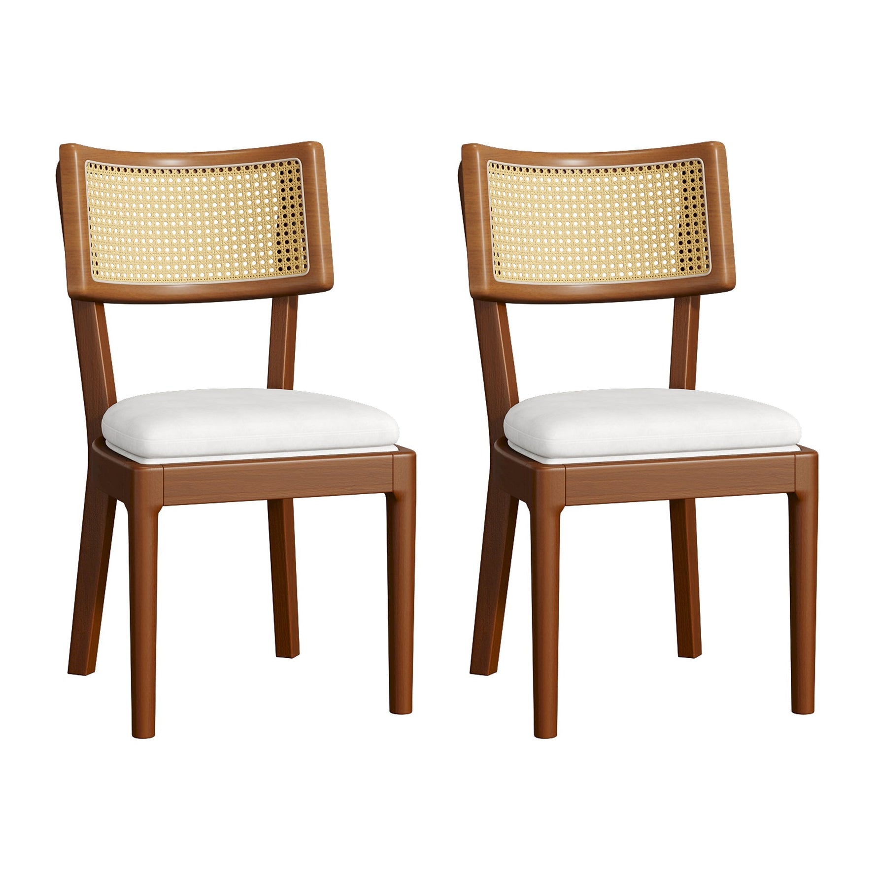 Solid Wood Dining Chairs Set of 2 Rattan Backrests Modern Style Linen Walnut