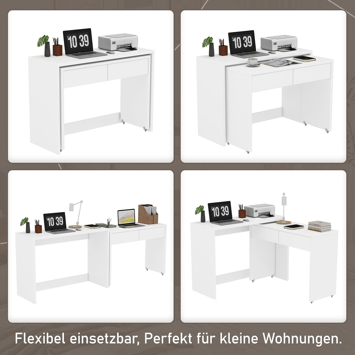 Desk + Chest of Drawers, 2-in-1 Extendable Compact Foldable, 1.8cm Thick Wood